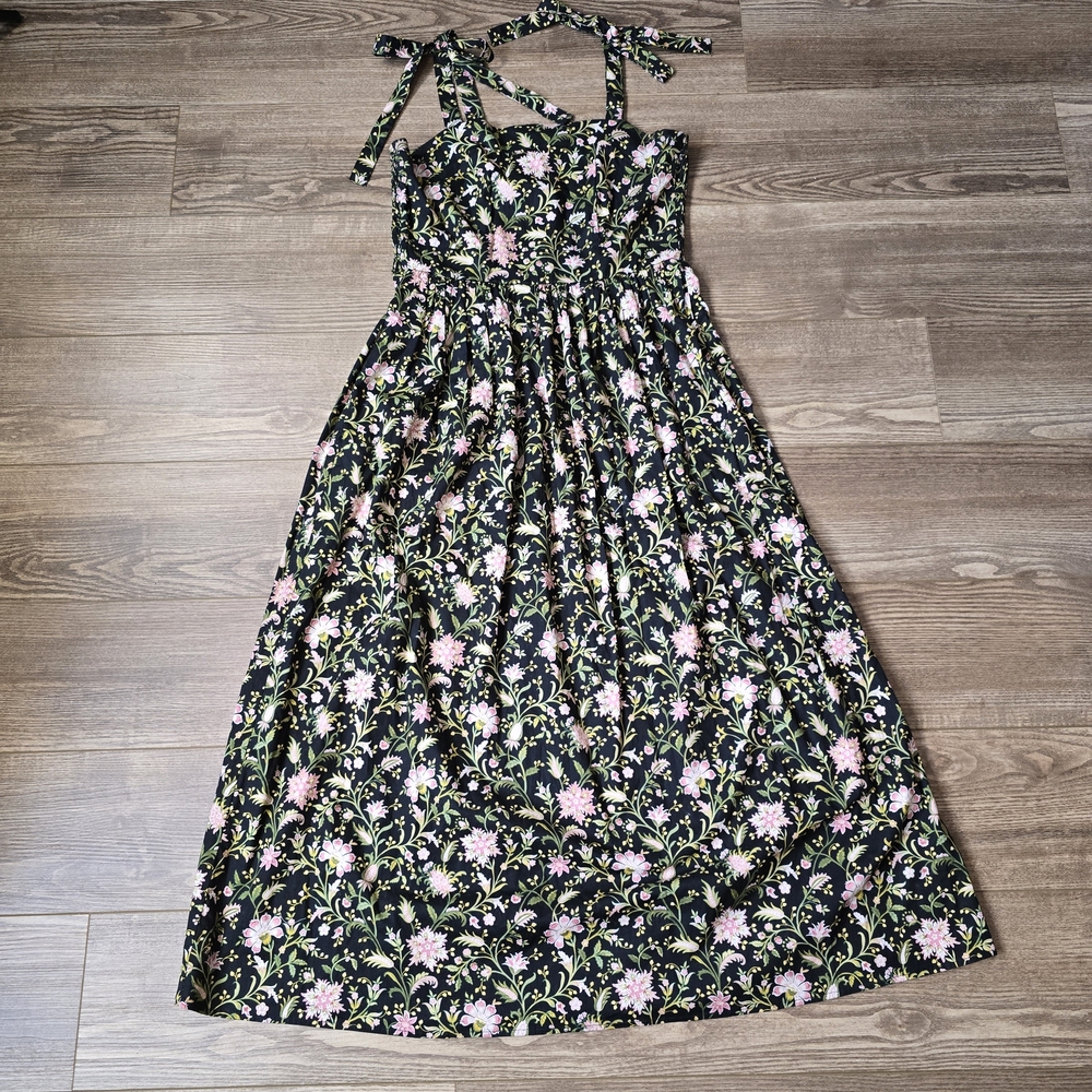 Joie Dress Womens L Black Floral Smocked Maxi Tie Shoulder Cottage Boho Prairie